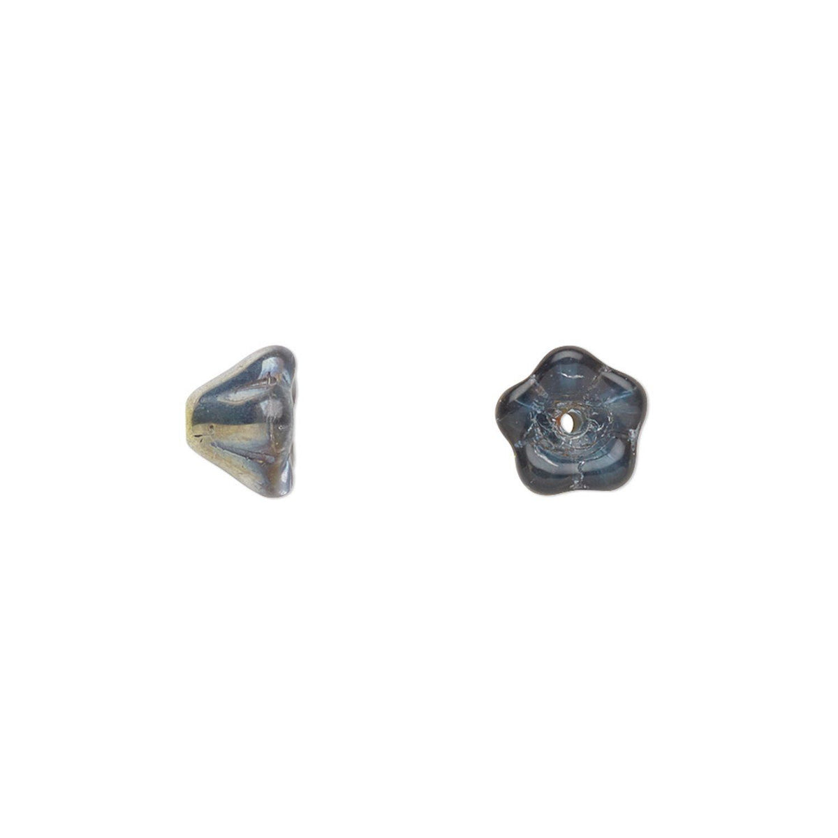 Two small decorative glass beads on a plain white background. One bead is triangular and the other is five-pointed star-shaped, both in a smoky blue-gray color with subtle iridescent flecks.