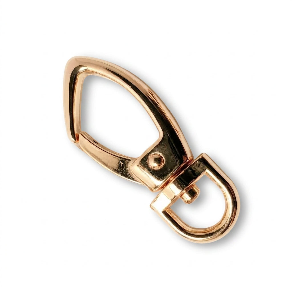 A polished gold-tone metal carabiner clip with a side-release buckle, shown on a plain white background.