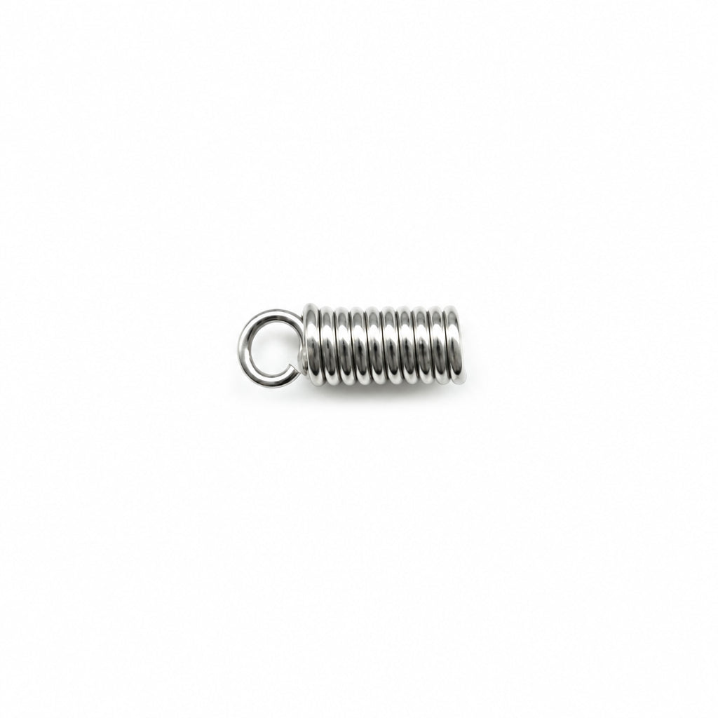 A small silver metal coil spring with a loop on one end, shown on a plain white background.