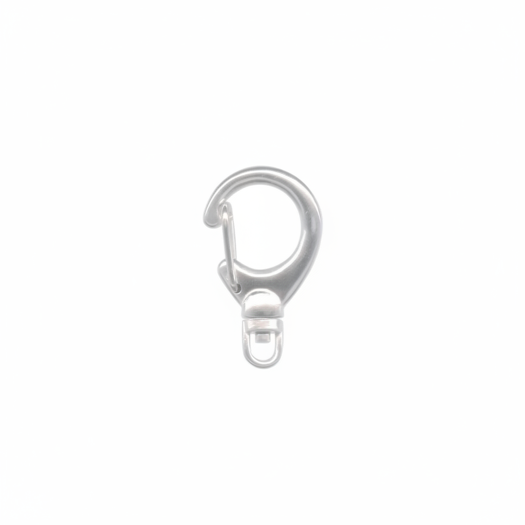 A single silver metal lobster clasp with a spring ring and snap hook, isolated on a solid white background.