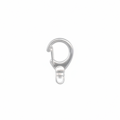 A single silver metal lobster clasp with a spring ring and snap hook, isolated on a solid white background.