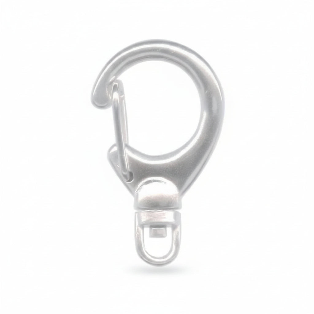 A single silver metal lobster claw hook with a swivel snap attachment, isolated on a white background.