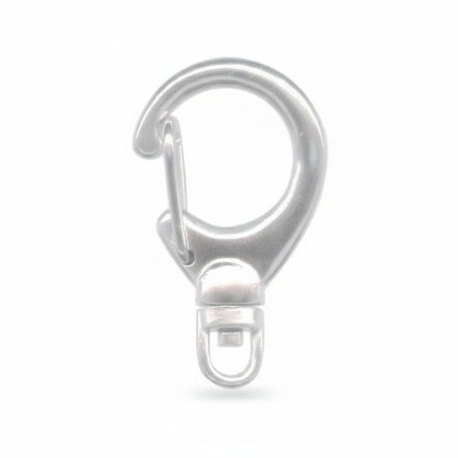 A single silver metal lobster claw hook with a swivel snap attachment, isolated on a white background.