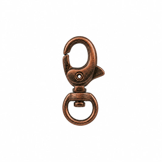 An antique COPPER metal swivel snap hook clasp with a split ring, shown on a solid white background.