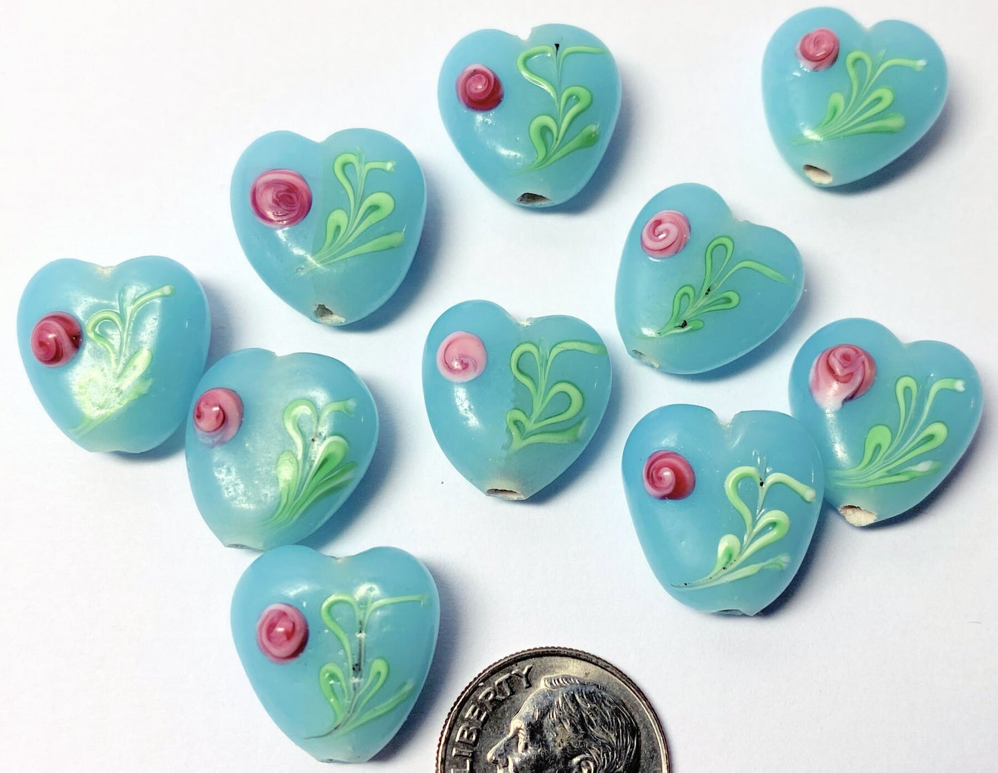 Lampworked Glass 3D Light Blue Heart Focal Beads with Pink Flowers 15x15x7mm — 10 pcs