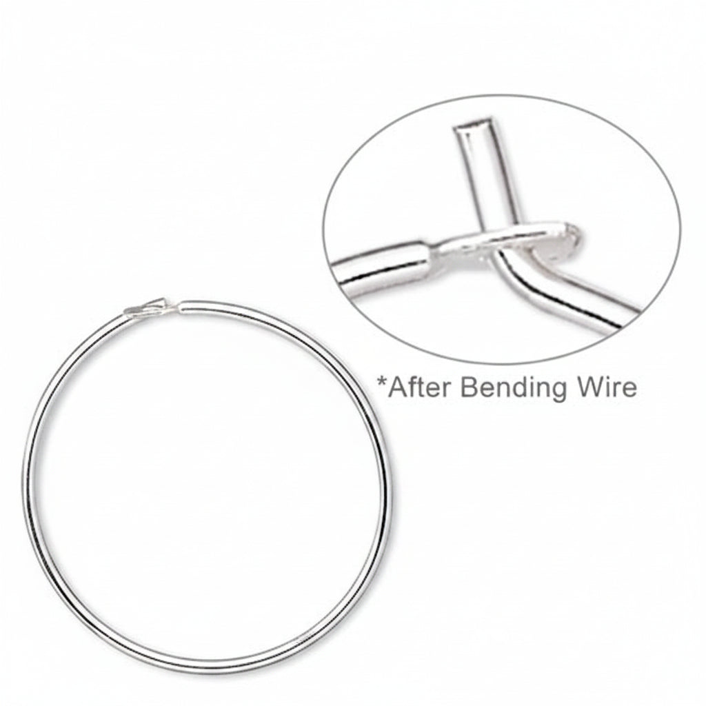 A silver hoop earring shown on a white background, with a circular inset demonstrating the wire bent into a cross shape and the text '*After Bending Wire'.