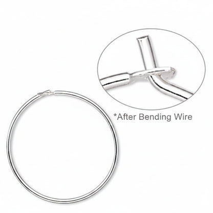 A silver hoop earring shown on a white background, with a circular inset demonstrating the wire bent into a cross shape and the text '*After Bending Wire'.