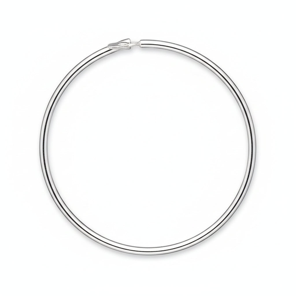 A polished silver-tone metal hoop earring with a small spring-ring clasp, shown against a plain white background.