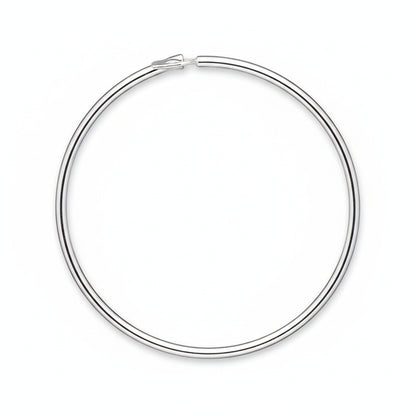A polished silver-tone metal hoop earring with a small spring-ring clasp, shown against a plain white background.