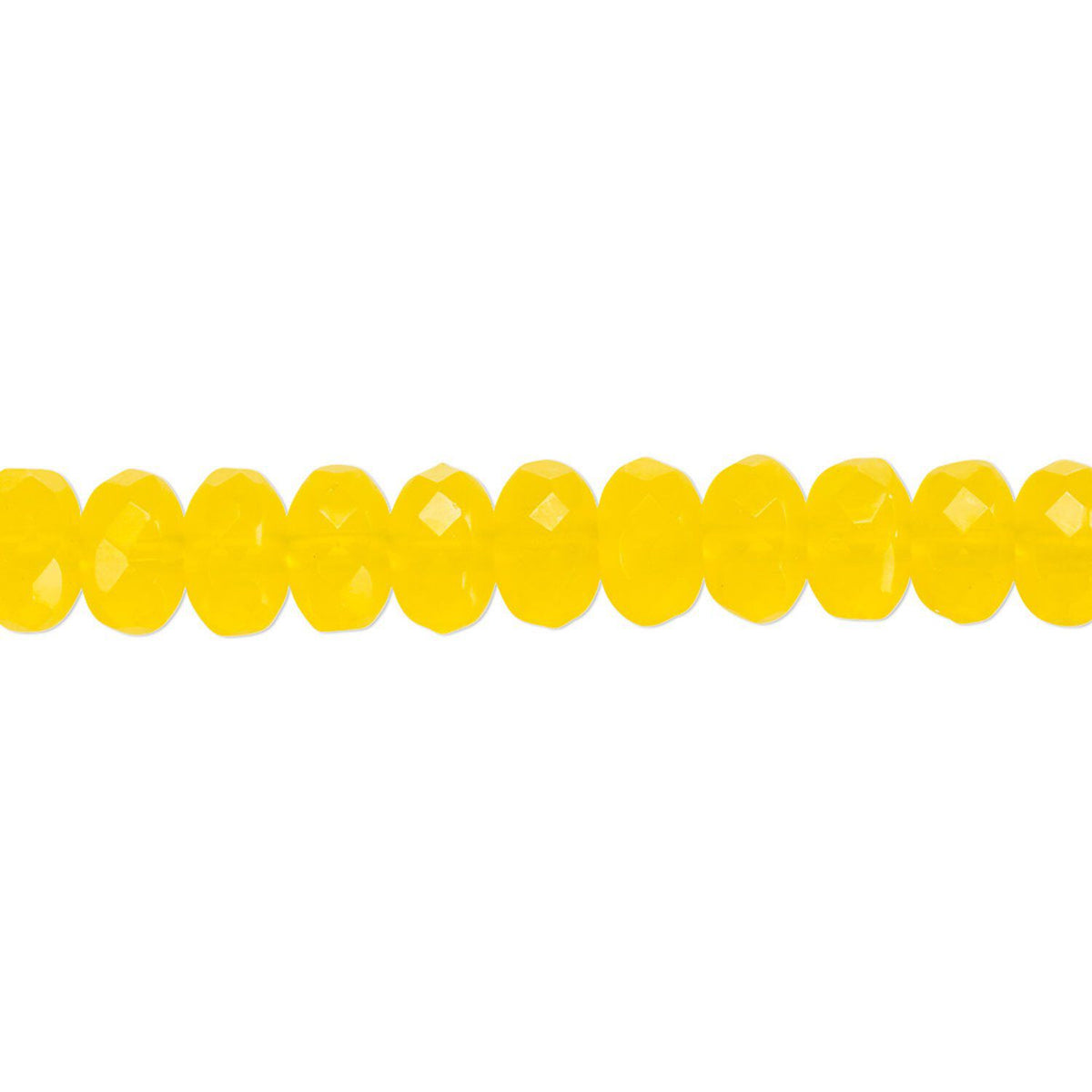 A close-up horizontal row of faceted round beads in a bright translucent yellow color, set against a plain white background.