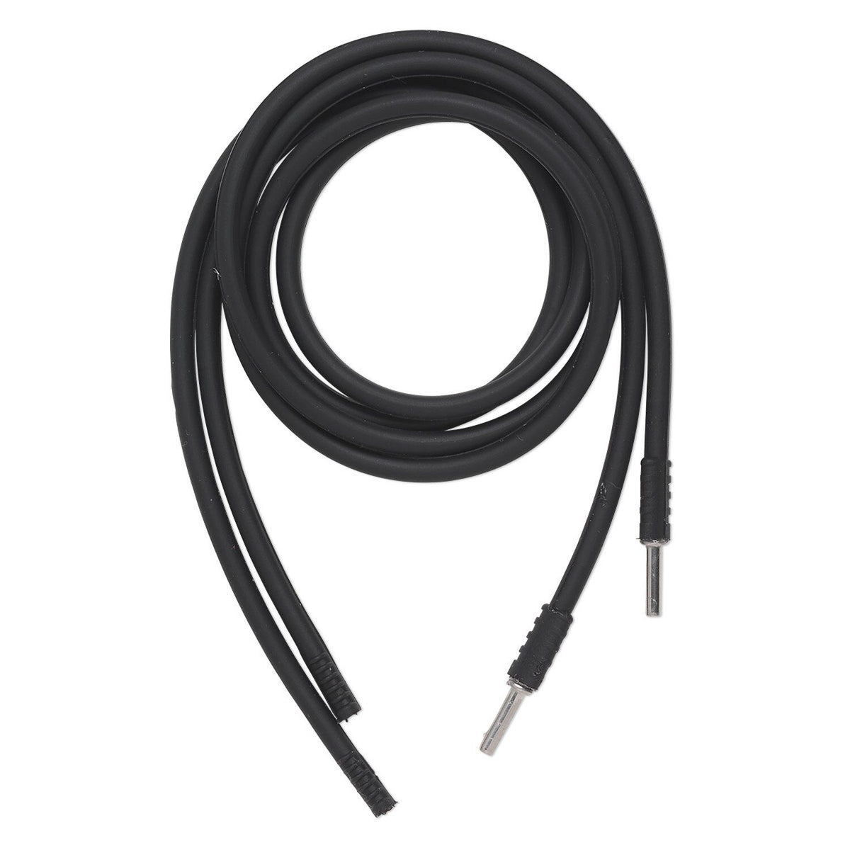 A coiled black flexible cable with metal connector ends, photographed on a plain white background.