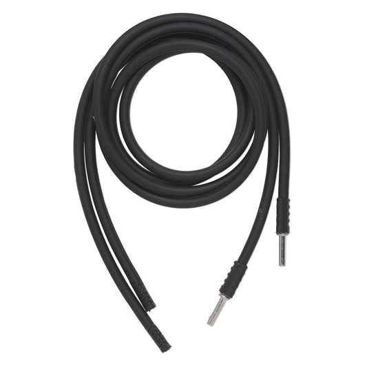 A coiled black flexible cable with metal connector ends, photographed on a plain white background.