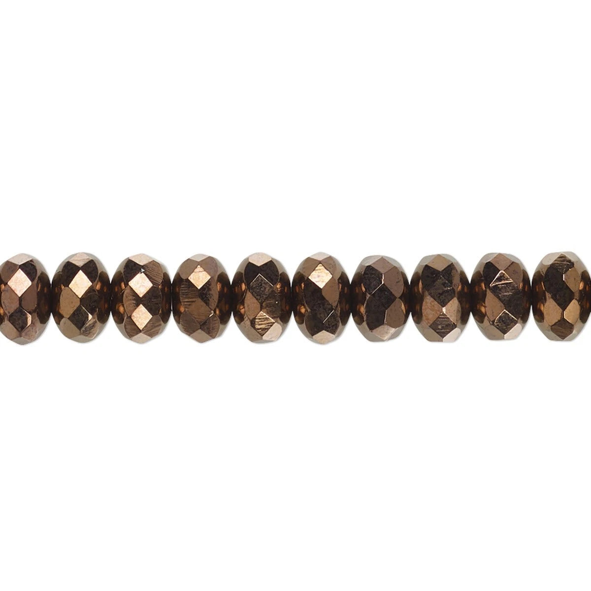 A single strand of faceted oval beads in a smoky translucent brown color, arranged horizontally against a plain white background.