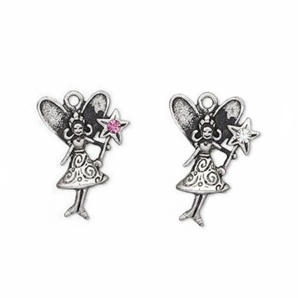 A pair of silver fairy jewelry charms with wings, holding a star wand with a pink gemstone and a silver star wand, on a plain white background.
