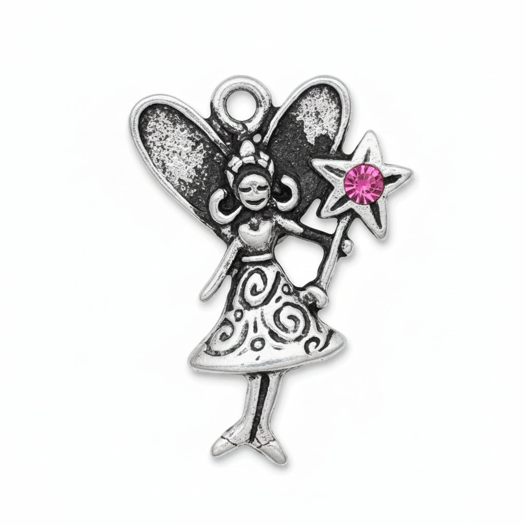 A silver fairy charm pendant featuring a detailed fairy figure with wings, a dress, and a star wand topped with a pink gem, shown on a plain white background.