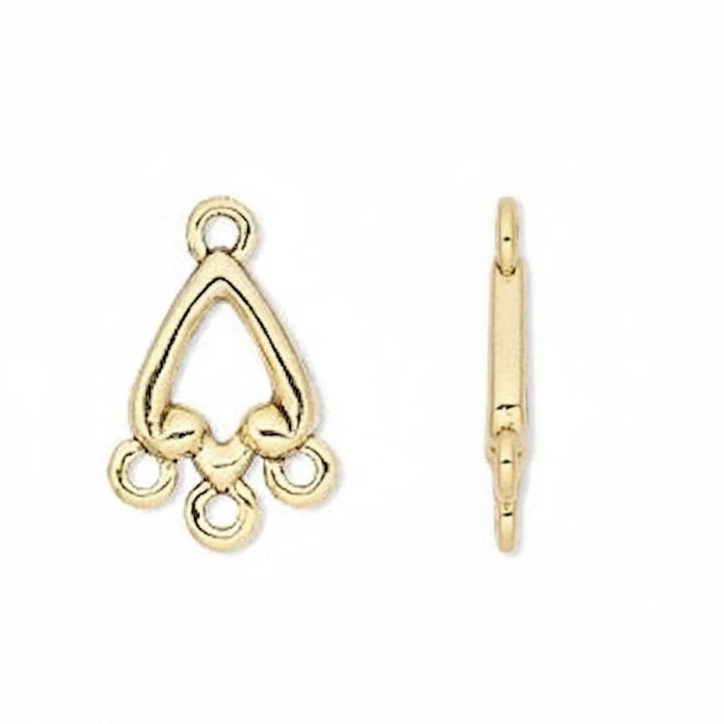 A gold-toned metal jewelry finding, shown from two angles: a front view displaying a teardrop-shaped design with three loops at the bottom, and a side profile view showing its clasp mechanism, set against a plain white background.