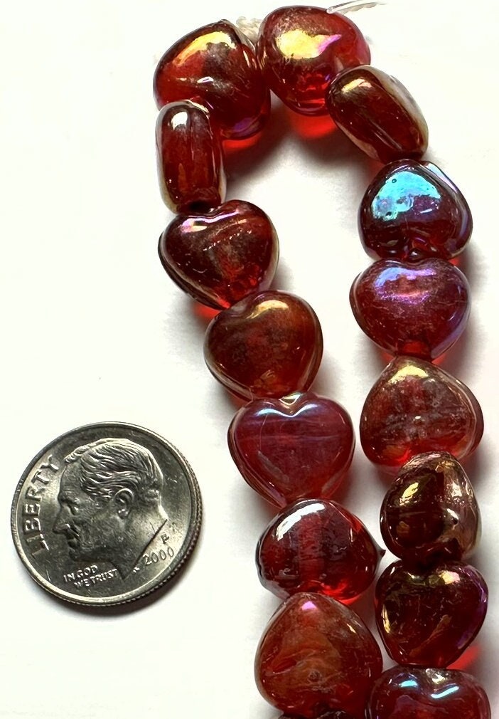 Glass Iridescent Rainbow Red Heart Beads 10x10mm — 2 Strands (approximately 80 pcs)