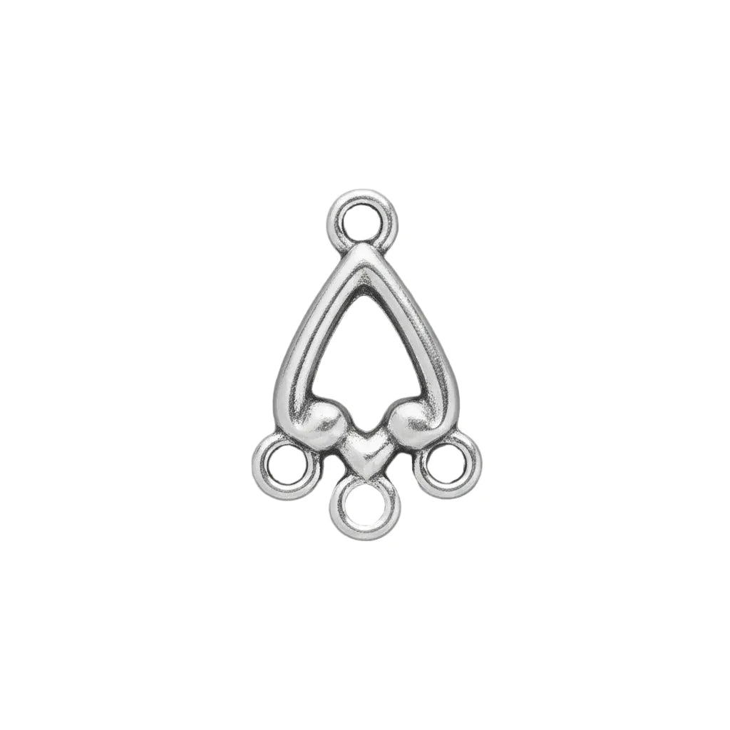 A silver metal jewelry charm with a stylized teardrop or shield-like outline, a small heart at the center, and three circular loops at the bottom, shown on a solid dark gray background.