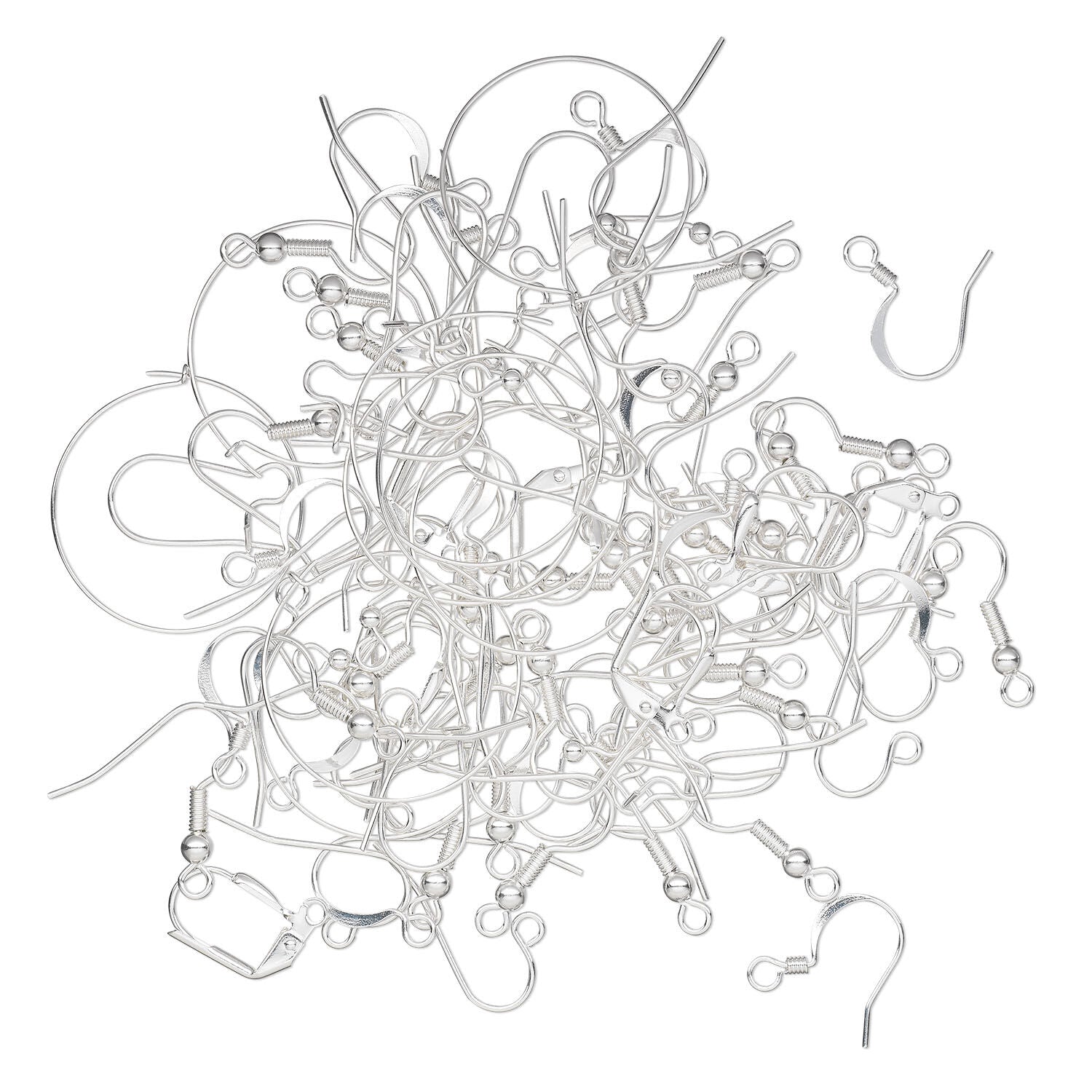 A pile of silver-colored metal ear hooks and ear wires arranged on a plain white background.