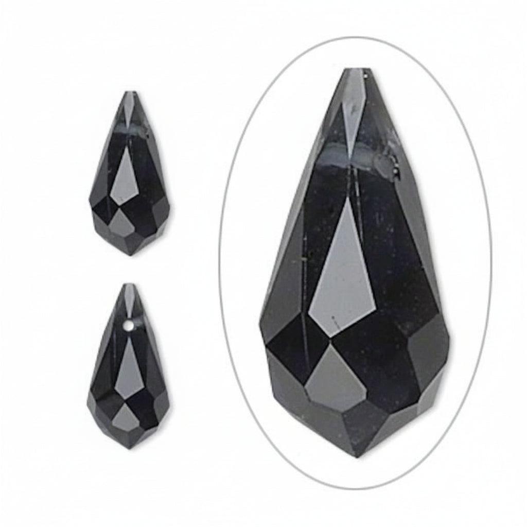 Faceted black teardrop-shaped beads shown on a white background, with a large close-up oval and two smaller views indicating size and a hole for threading.