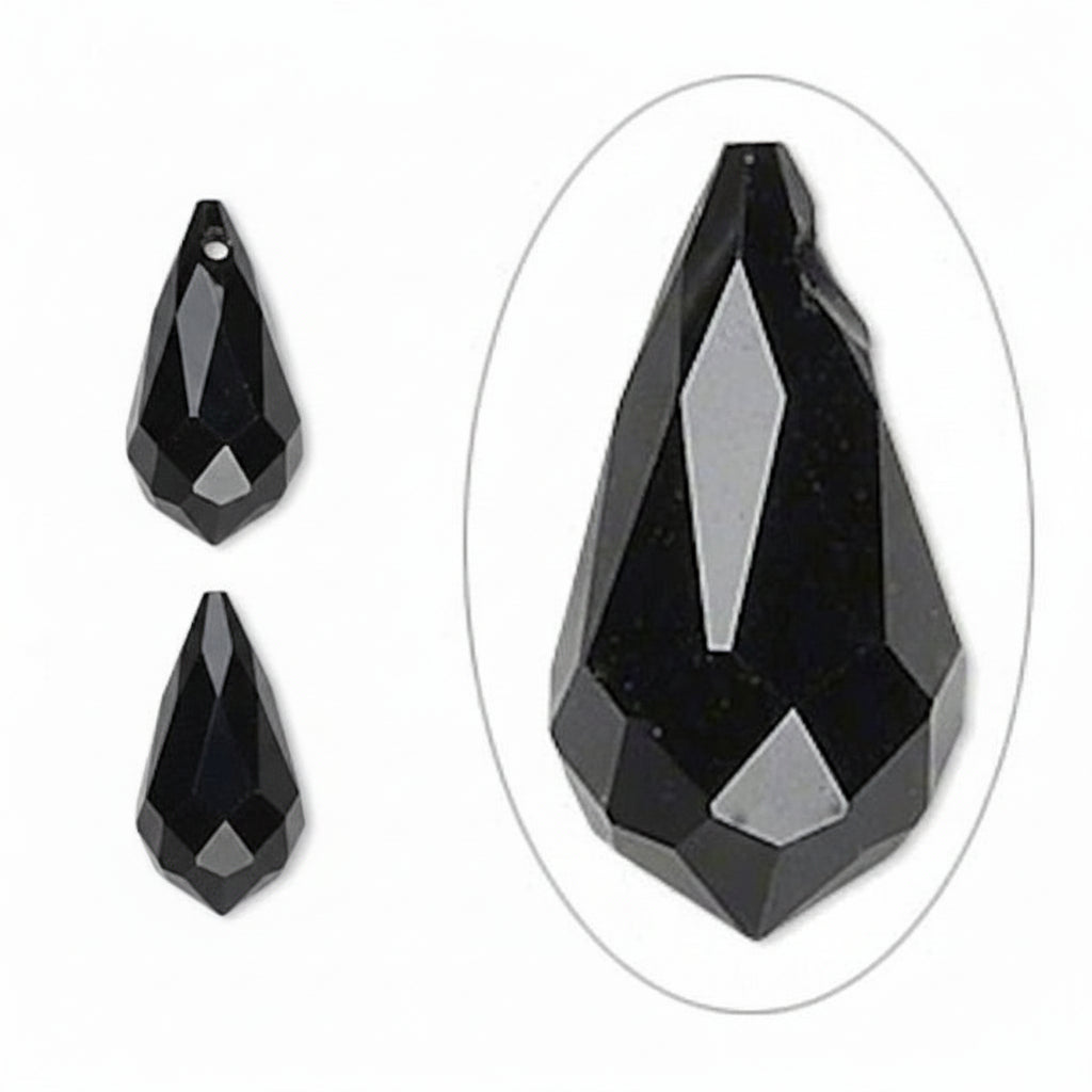 Faceted black teardrop-shaped beads shown on a white background, with a close-up inset of one bead and a smaller view showing the bead's shape and hole.