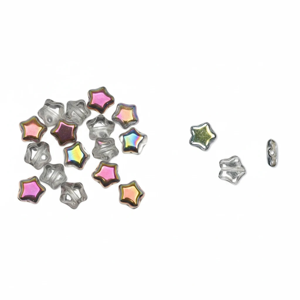 A set of small star-shaped metal beads with iridescent, holographic, and solid color inlays in pink, green, yellow, and silver, shown on a plain white background.