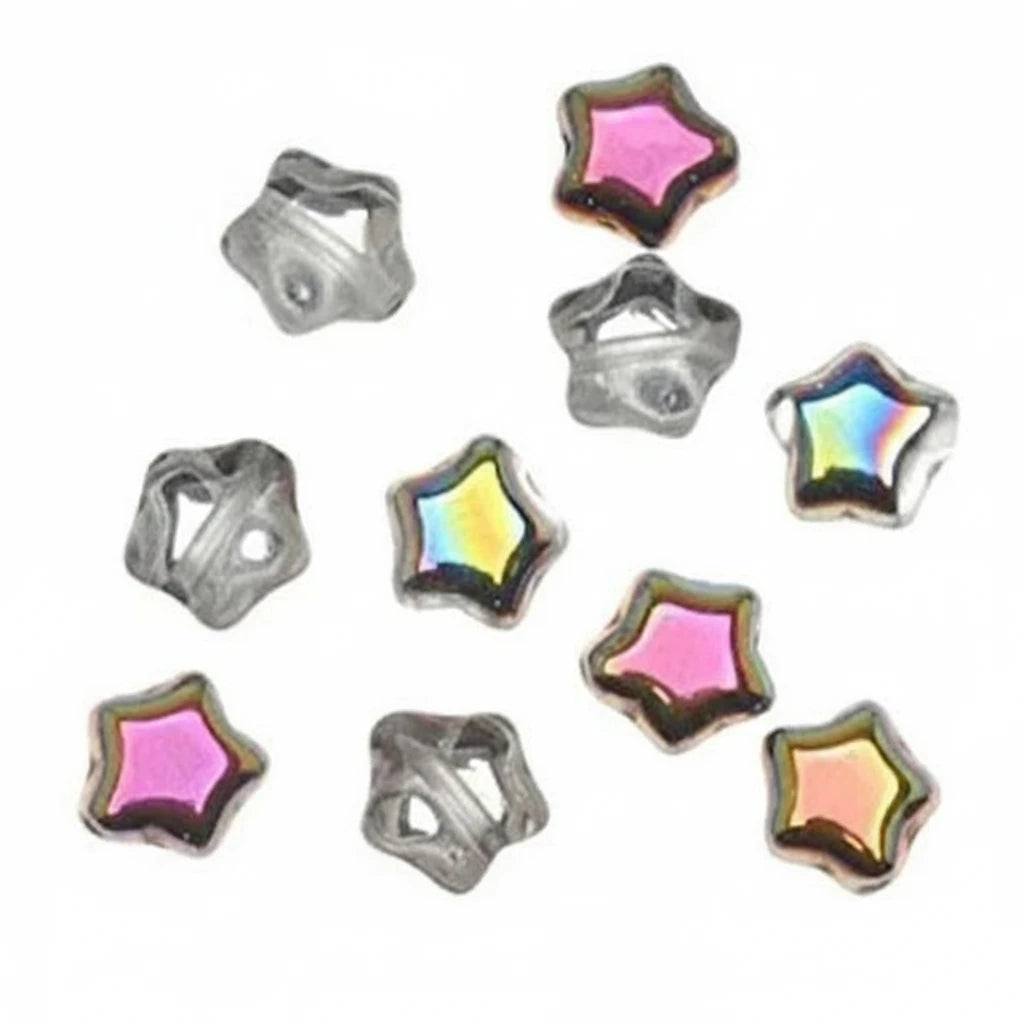 Nine small star-shaped craft beads with metallic silver borders and iridescent centers in pink, yellow, and blue, arranged on a plain white background.