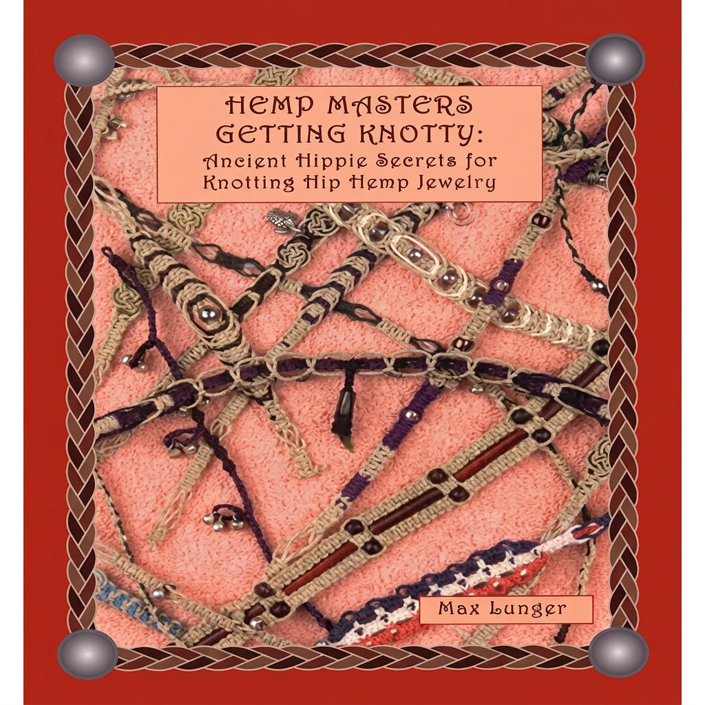 Book cover of 'Hemp Masters Getting Knotty' with decorative patterns and text on a red background.