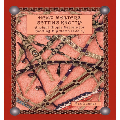 Book cover of 'Hemp Masters Getting Knotty' with decorative patterns and text on a red background.