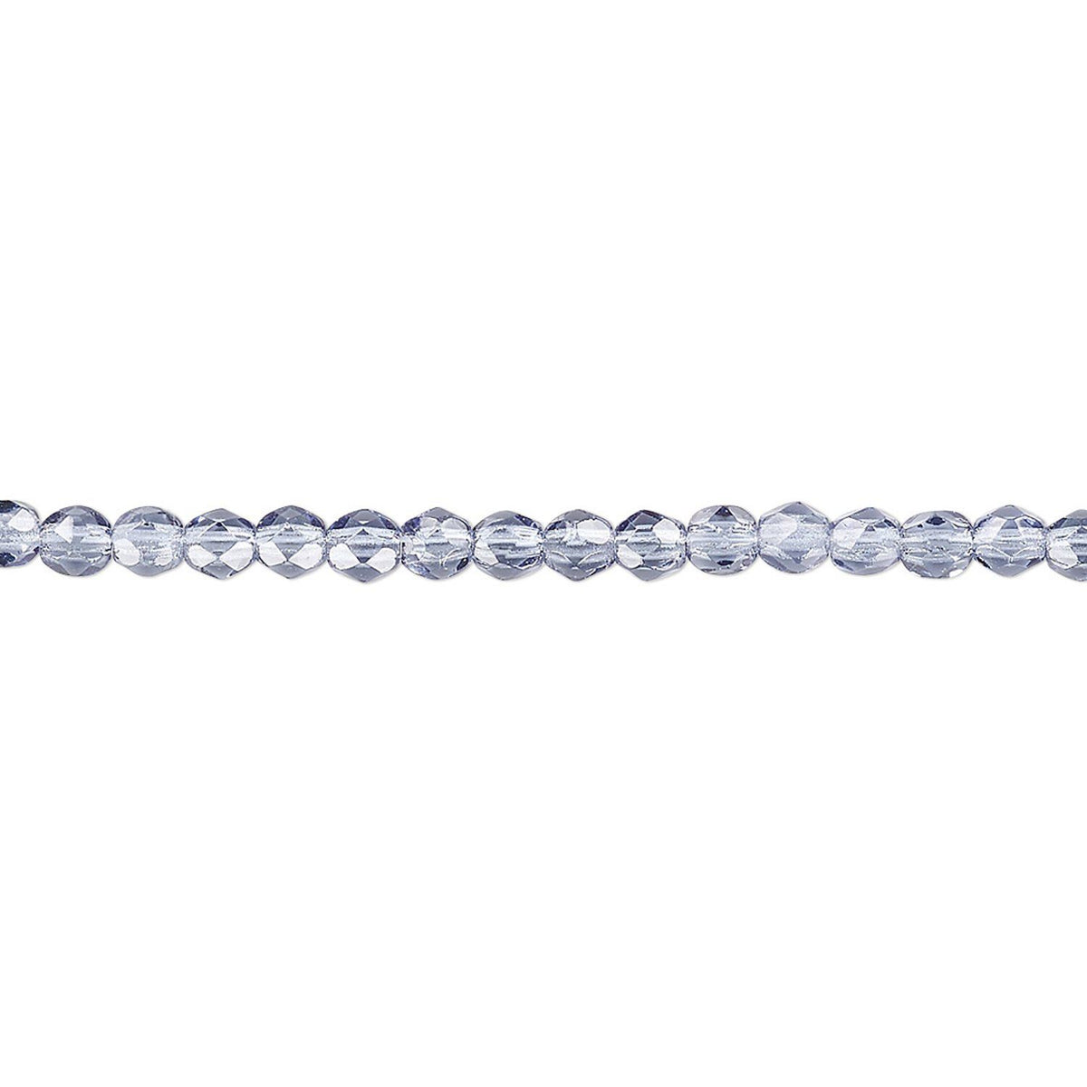 A close-up of a faceted bead strand, likely made of glass, set against a plain white background.