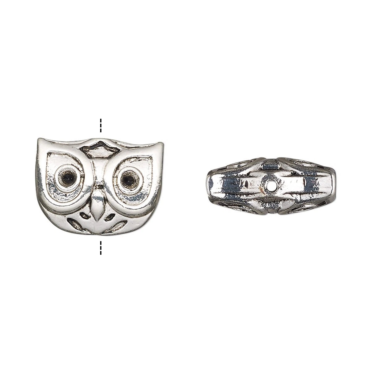 A pair of silver owl-shaped beads shown from the front and side views on a plain white background.