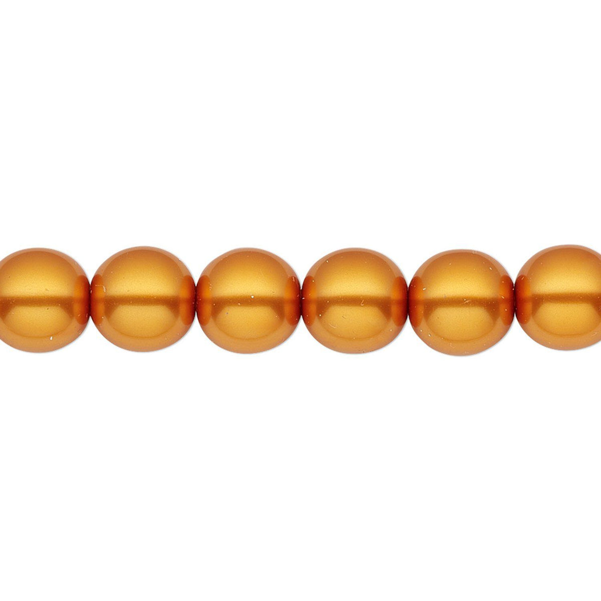 A close-up of six glossy, metallic amber-orange beads aligned horizontally against a plain white background.
