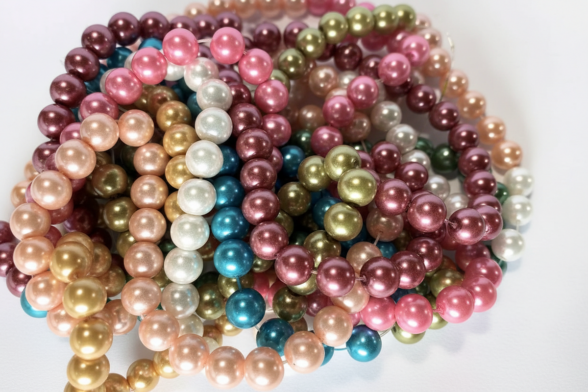 A pile of multi-strand pearl bead strands in various colors including pink, gold, teal, white, and olive green, arranged on a plain white background.