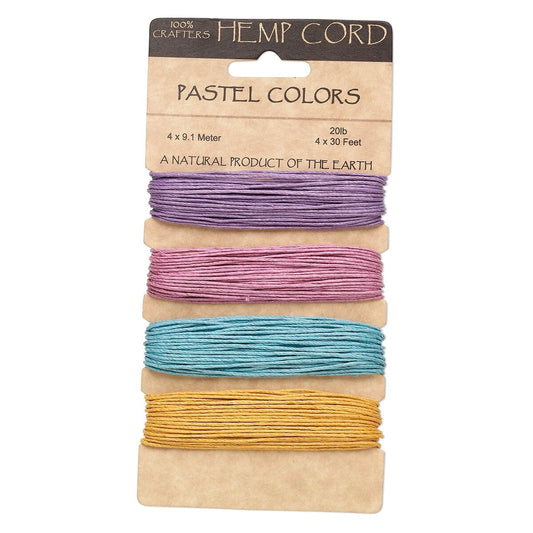 A package of 4 spools of Hemp Cord in pastel colors (purple, pink, teal, and mustard yellow) on a kraft paper card by Crafters 100% Natural.