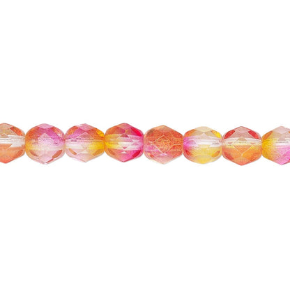 A close-up horizontal strand of faceted round beads in a marbled pattern of pink, orange, yellow, and clear tones, set against a plain white background.