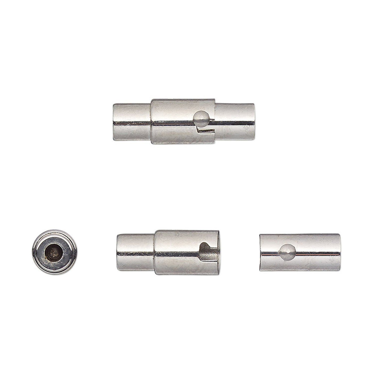 Three views of a small metallic cylindrical connector piece on a plain white background.