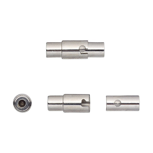 Three views of a small metallic cylindrical connector piece on a plain white background.