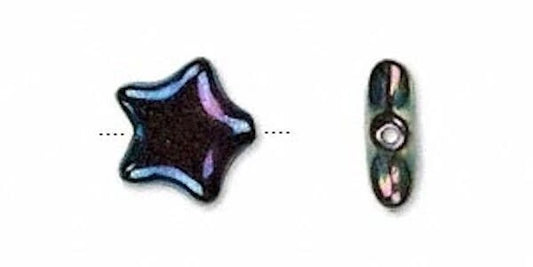 Two small iridescent beads on a plain white background: one five-pointed star-shaped bead and one elongated oval bead with a central hole.