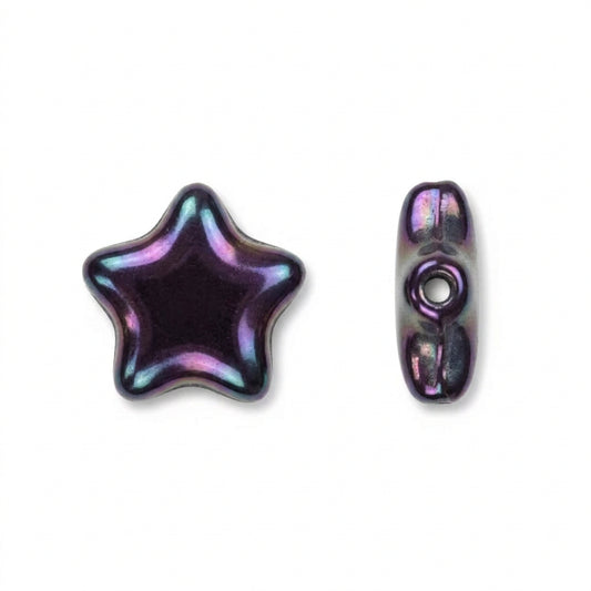Two small iridescent beads shown on a plain white background: one star-shaped bead and one elongated oval bead with a hole.