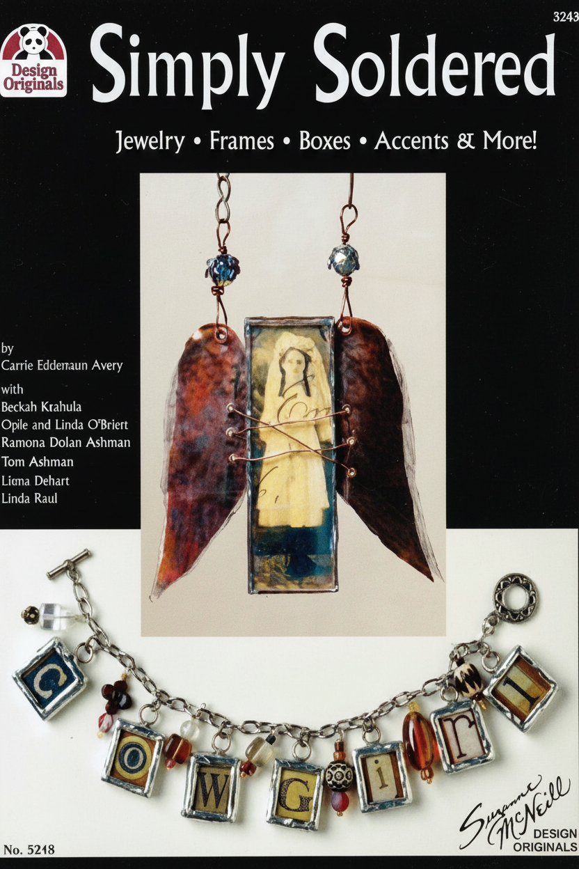 Cover of 'Simply Soldered' Design Originals No. 5248, featuring jewelry examples including angel wing earrings and a letter charm bracelet on a black and white background.