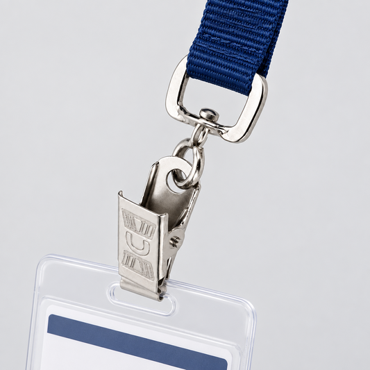 A close-up of a navy blue woven lanyard with a polished silver metal clip and a clear plastic ID badge holder, shown against a light gray background.
