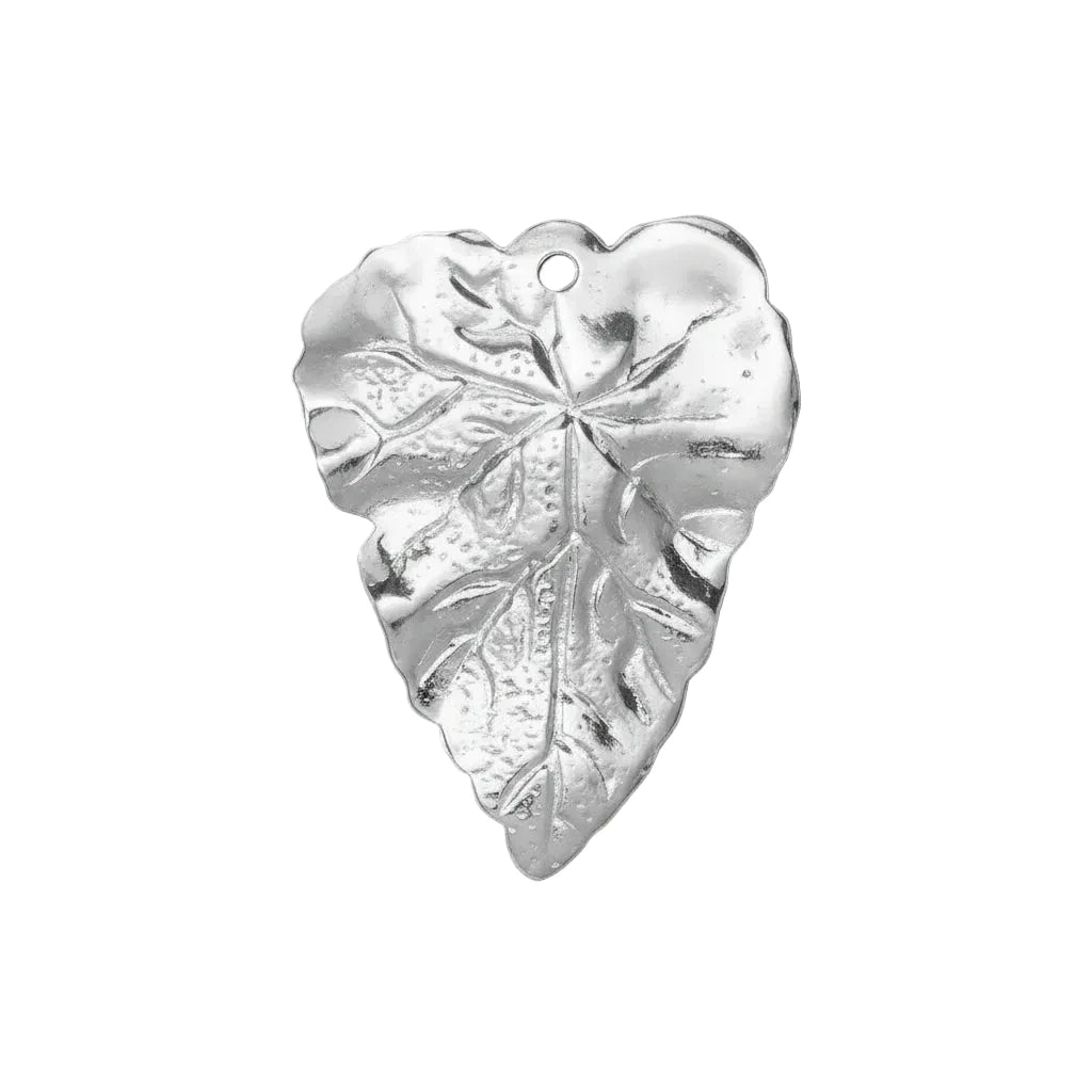 A silver-toned metal leaf-shaped charm with a textured leaf pattern and a small loop at the top, shown on a solid gray background.