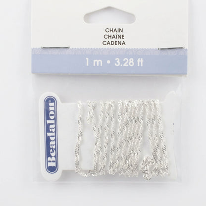 Packaged Beadalon twisted silver chain necklace, 1 meter (3.28 ft) long, shown in its retail packaging with a white and light blue header card.