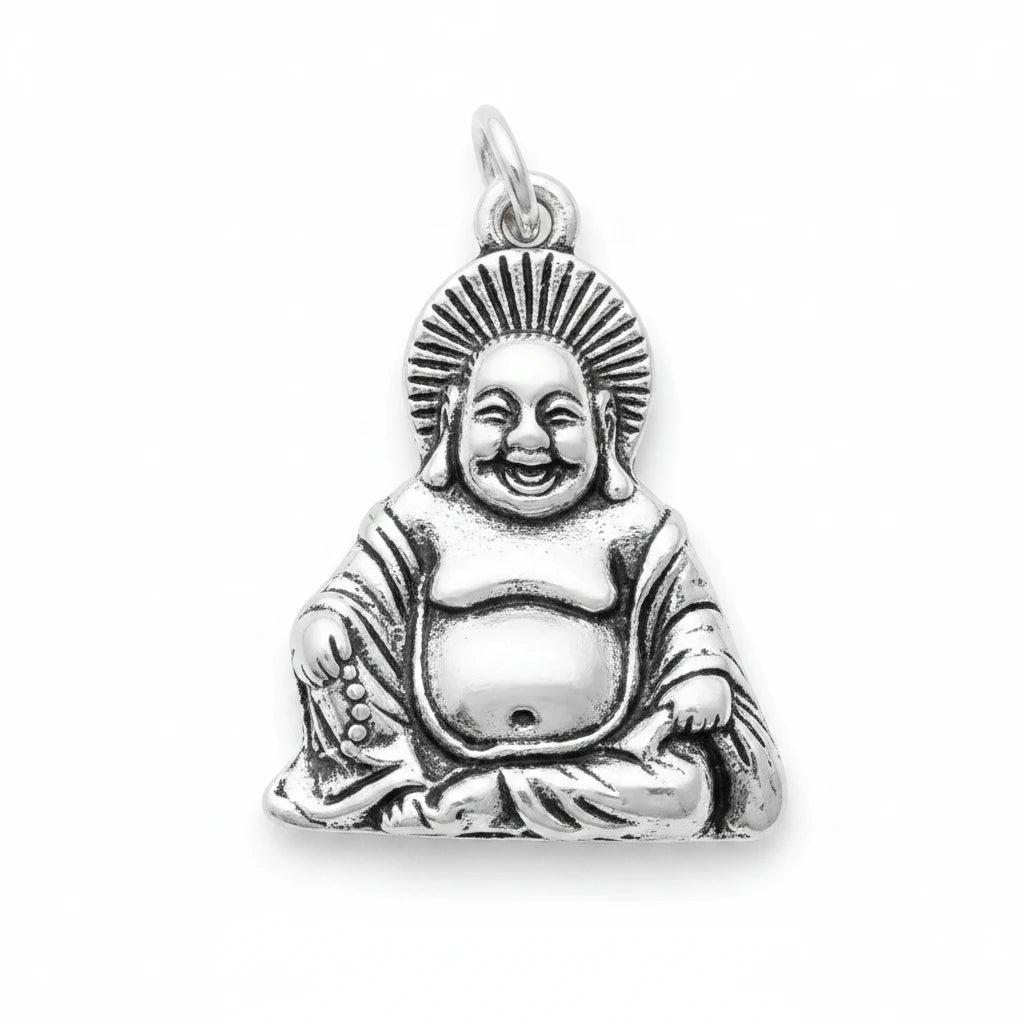 A silver-toned Buddha pendant with a smiling expression and a sunburst halo, shown against a textured blue background.
