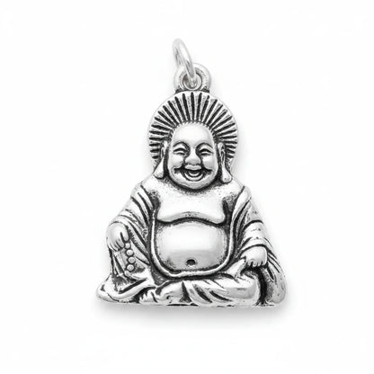 A silver-toned Buddha pendant with a smiling expression and a sunburst halo, shown against a textured blue background.