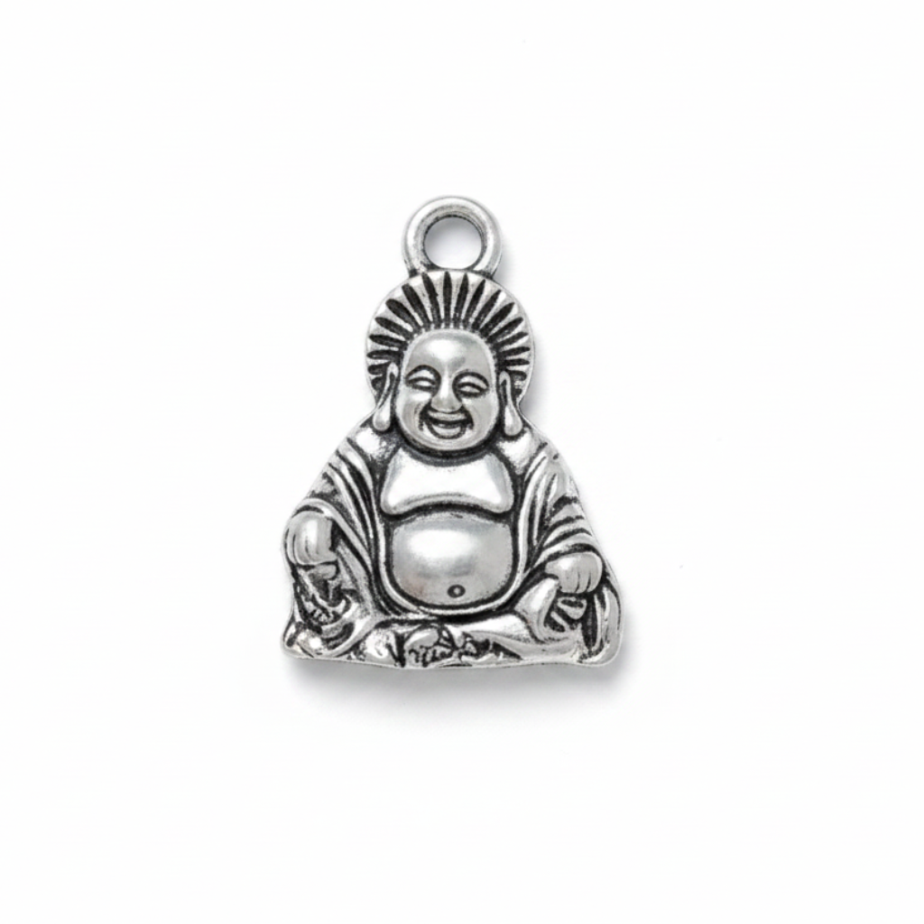 A silver-toned metal Buddha charm pendant with a detailed seated Buddha design and a top loop, shown on a plain white background.