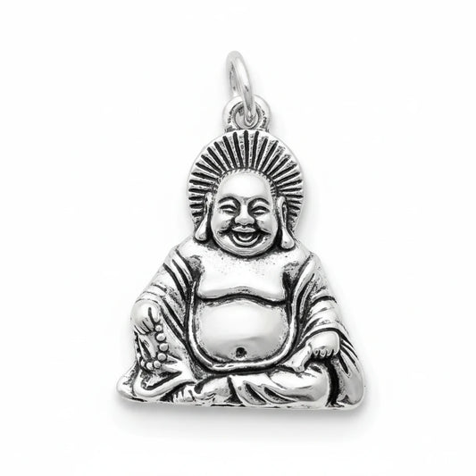 A silver-toned Buddha pendant with a smiling expression and a sunburst halo, shown against a textured blue background.