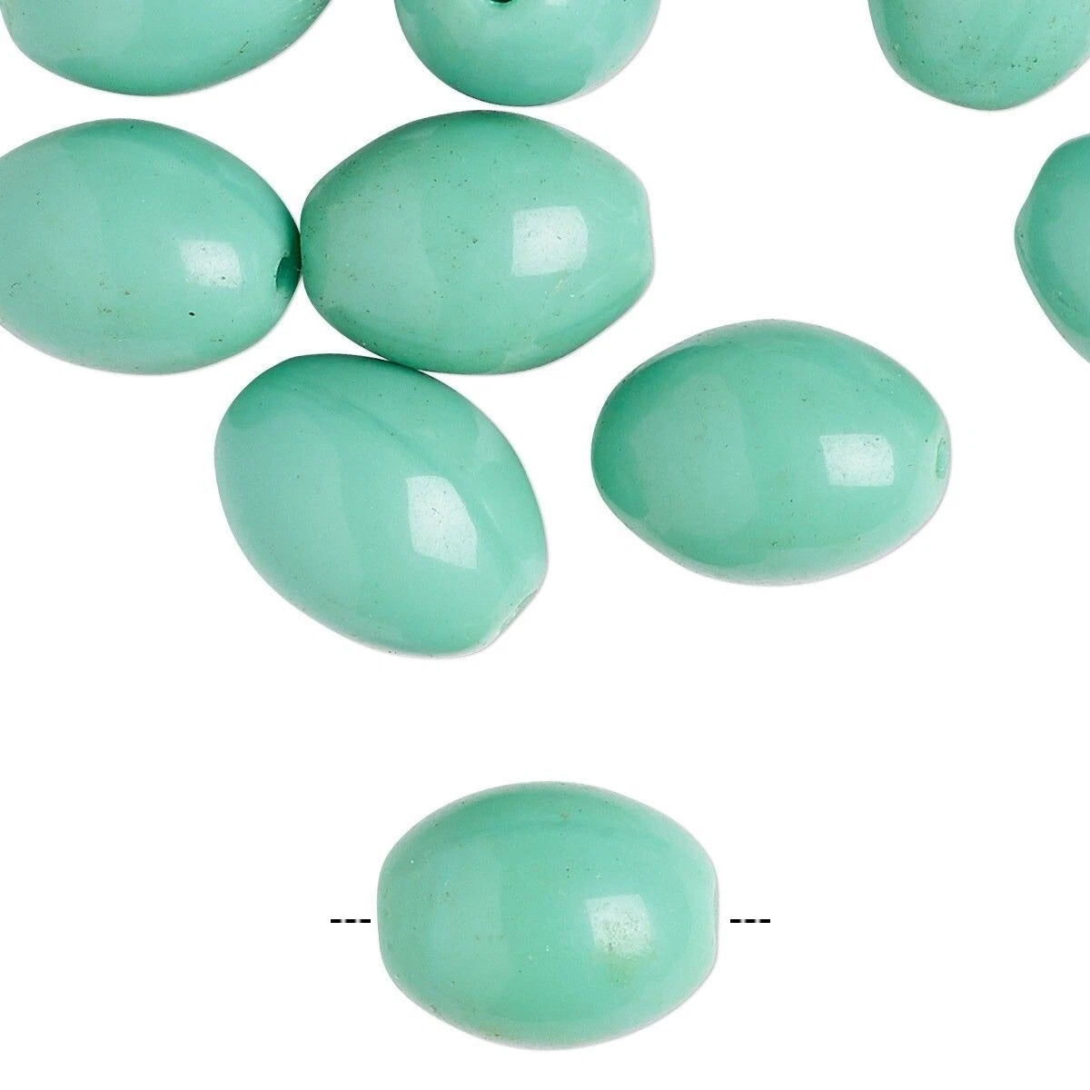 Mint green oval beads scattered on a white background, with one bead shown below a dashed line indicating length.