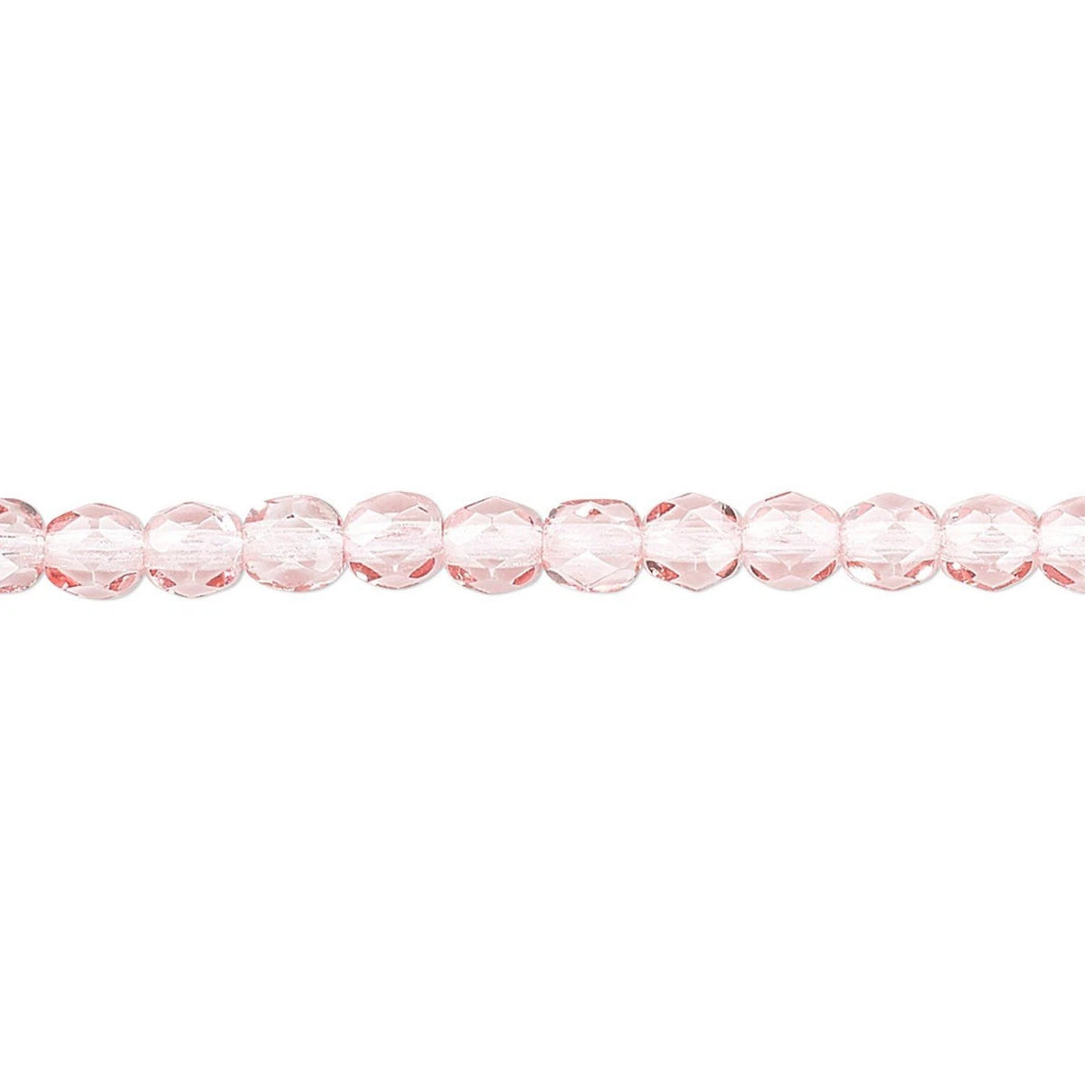 A single strand of faceted light pink glass beads aligned horizontally on a plain white background.