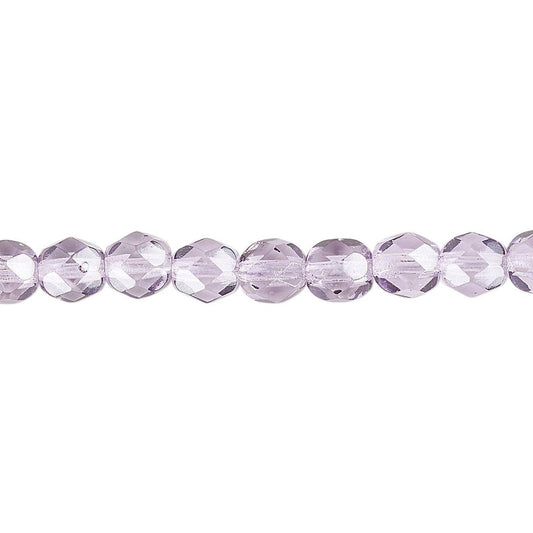A close-up horizontal row of faceted oval beads in a light lavender purple color on a plain white background.